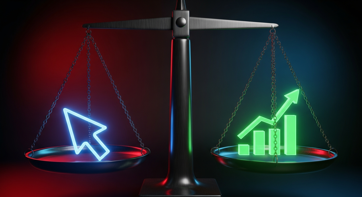 Balance scale weighing a glowing cursor arrow against an upward growth graph, comparing Google Ads and SEO for home service businesses