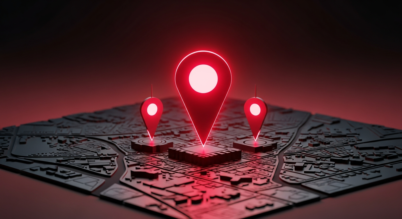 Three location pins standing on a dark city map with the center pin largest and brightest, representing ranking in the Google map pack top three