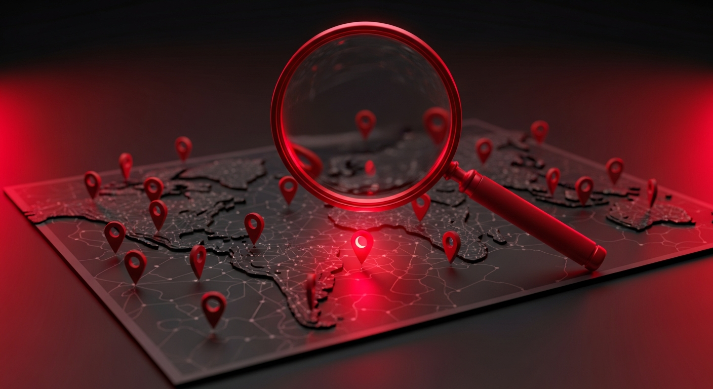 Glowing magnifying glass over a map with location pins, one dimmed, showing why an HVAC business may not be showing up on Google