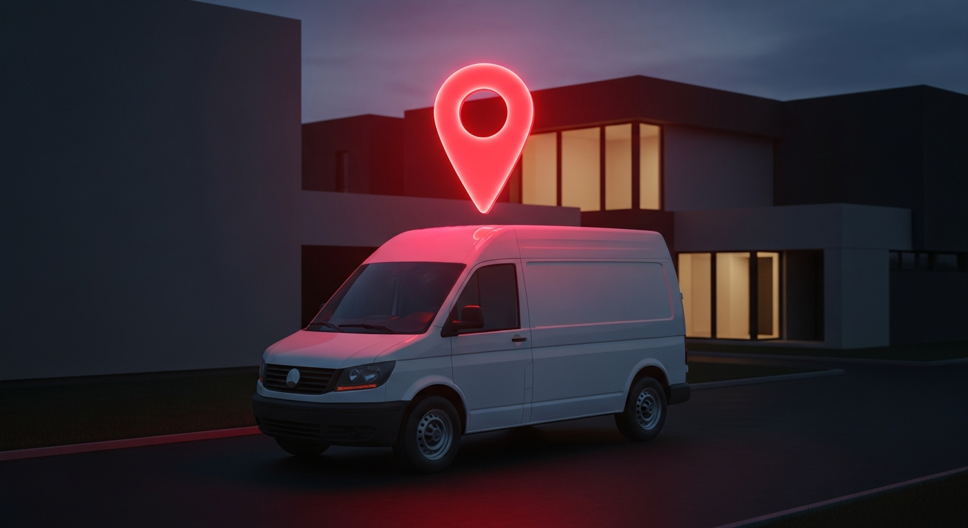 White HVAC service van outside a home with a glowing map location pin above it, representing local marketing that gets HVAC companies more customers