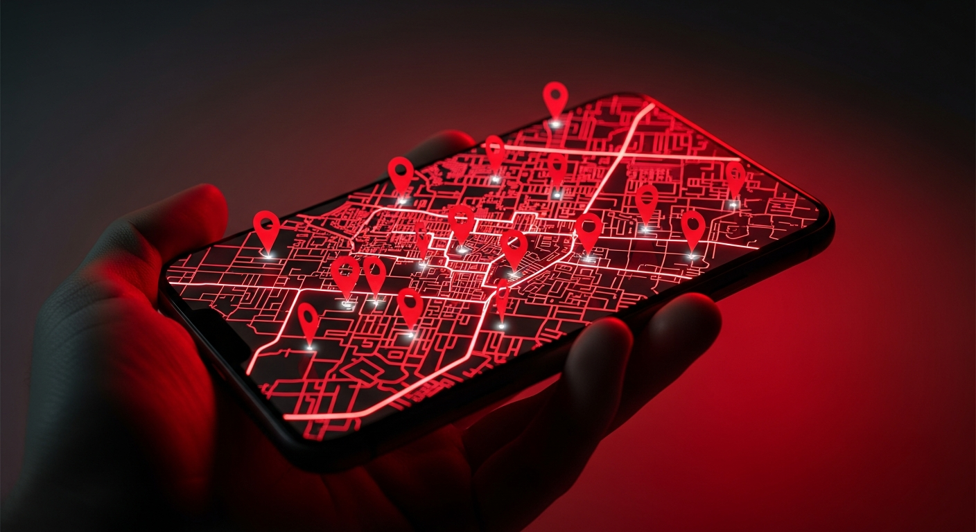 Smartphone showing a local map covered with location pins, illustrating local SEO helping a plumbing company show up in search results