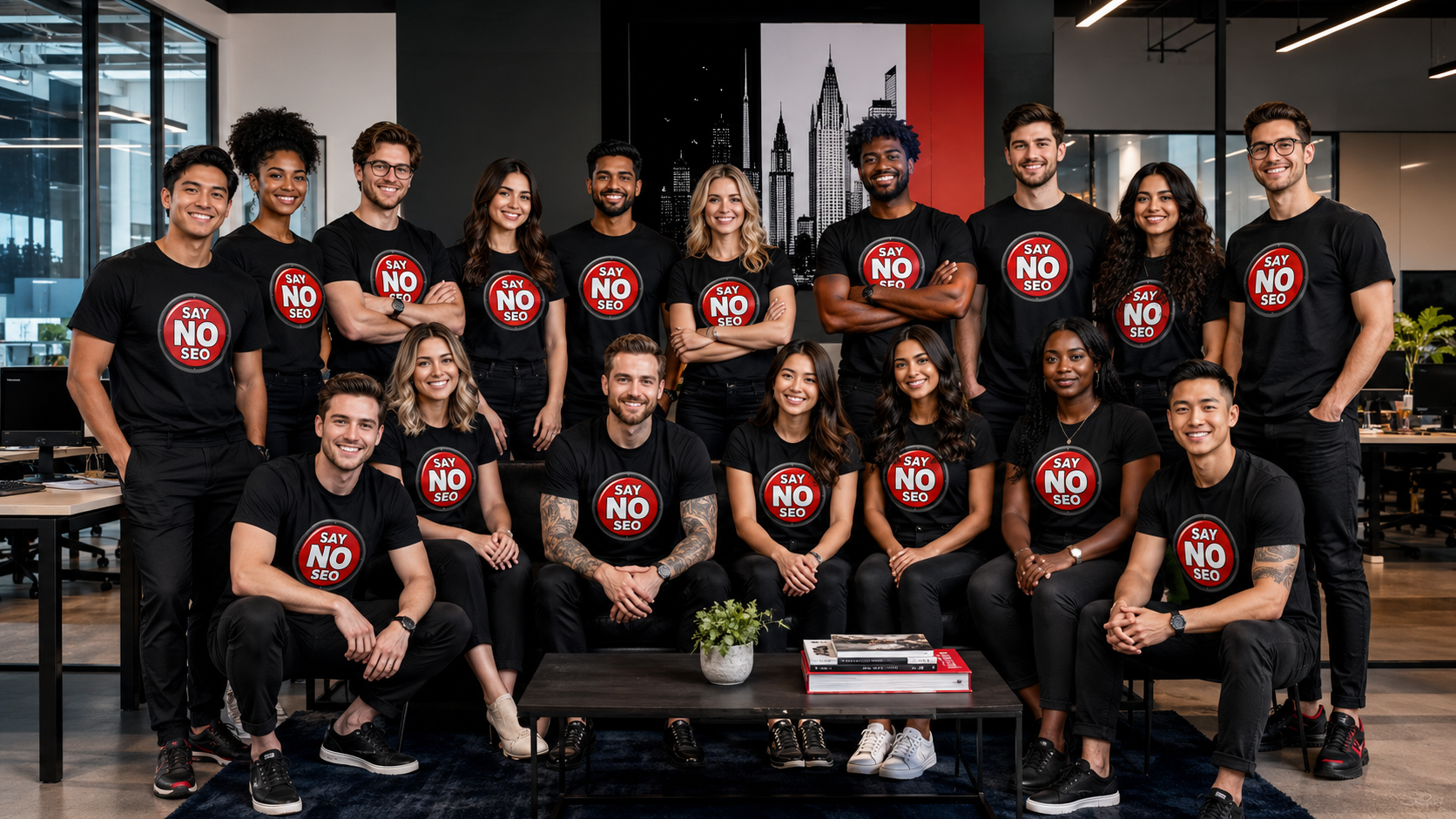 The Say No SEO team in their office wearing branded shirts